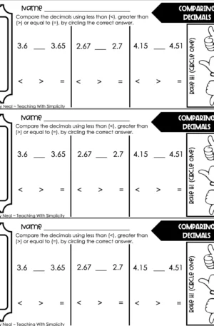 4th Grade Decimals – Comparing Decimals Exit Ticket 1