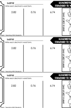 4th Grade Decimals – Hundredths: Standard to Word Exit Ticket 1