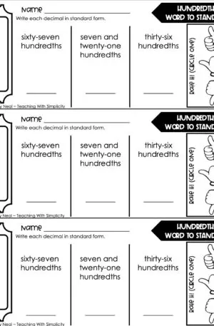 4th Grade Decimals – Hundredths: Word to Standard Exit Ticket 1