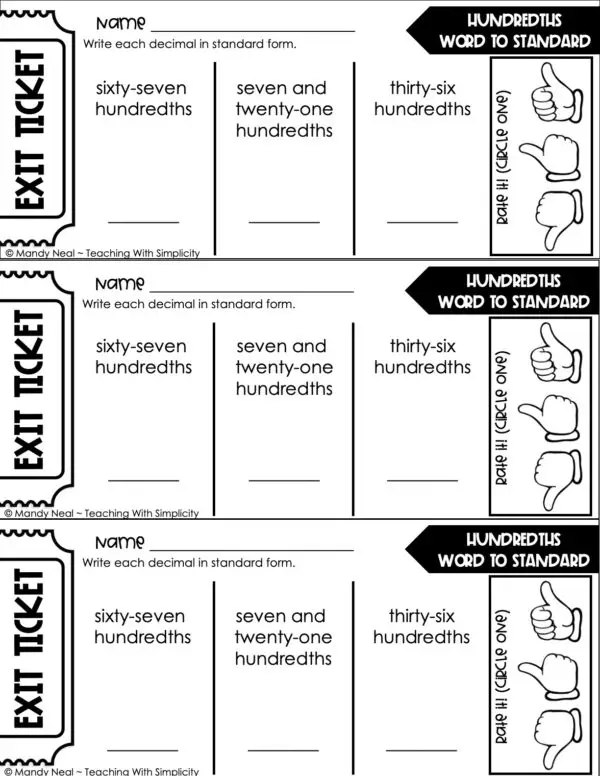 4th Grade Decimals – Hundredths: Word to Standard Exit Ticket 1