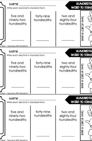 4th Grade Decimals – Hundredths: Word to Standard Exit Ticket 2