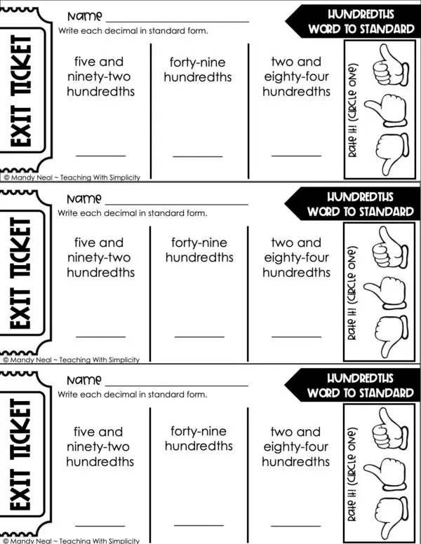 4th Grade Decimals – Hundredths: Word to Standard Exit Ticket 2