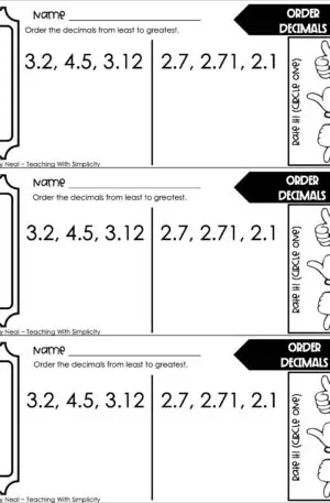 4th Grade Decimals – Order Decimals Exit Ticket 1