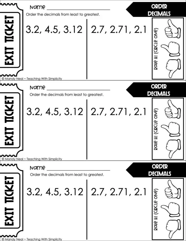 4th Grade Decimals – Order Decimals Exit Ticket 1