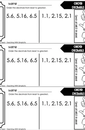 4th Grade Decimals – Order Decimals Exit Ticket 2