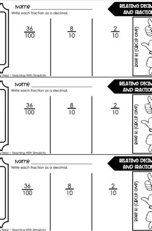 4th Grade Decimals – Relating Decimals and Fractions Exit Ticket 2