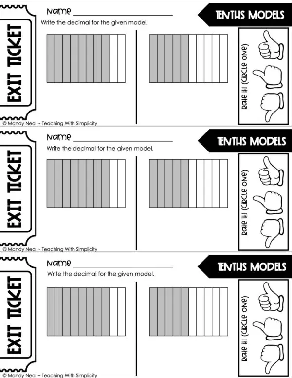 4th Grade Decimals – Tenths Models Exit Ticket 1