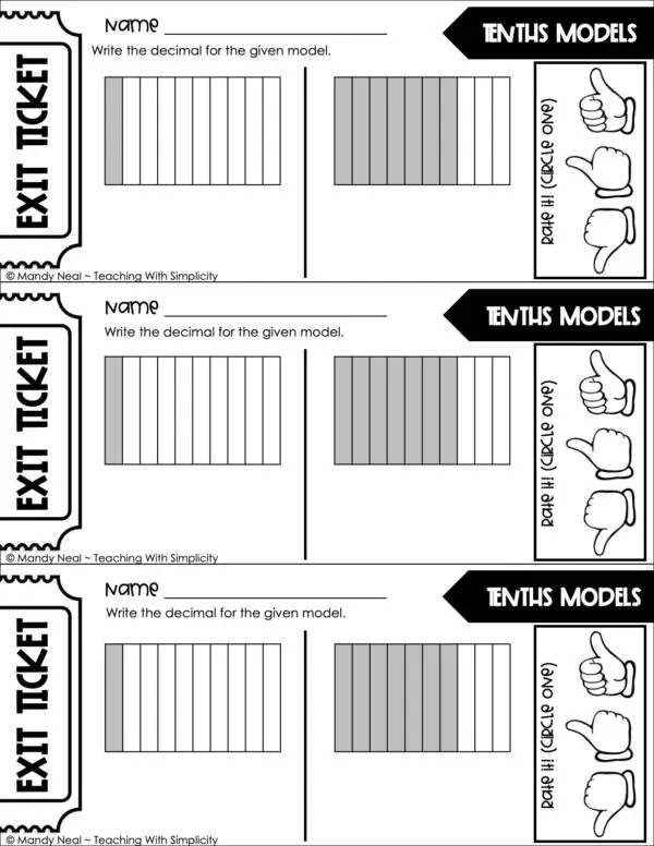 4th Grade Decimals – Tenths Models Exit Ticket 2