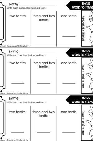 4th Grade Decimals – Tenths: Word to Standard Exit Ticket 1