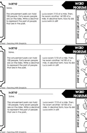 4th Grade Decimals – Word Problems Exit Ticket 1