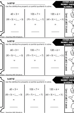 4th Grade Division – Distributive Property Partial Quotients Exit Ticket 1