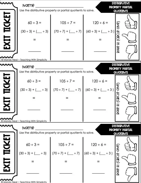 4th Grade Division – Distributive Property Partial Quotients Exit Ticket 1