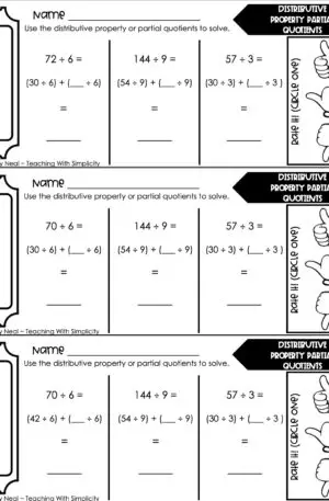 4th Grade Division – Distributive Property Partial Quotients Exit Ticket 2