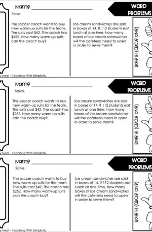 4th Grade Division – Word Problems Exit Ticket 1