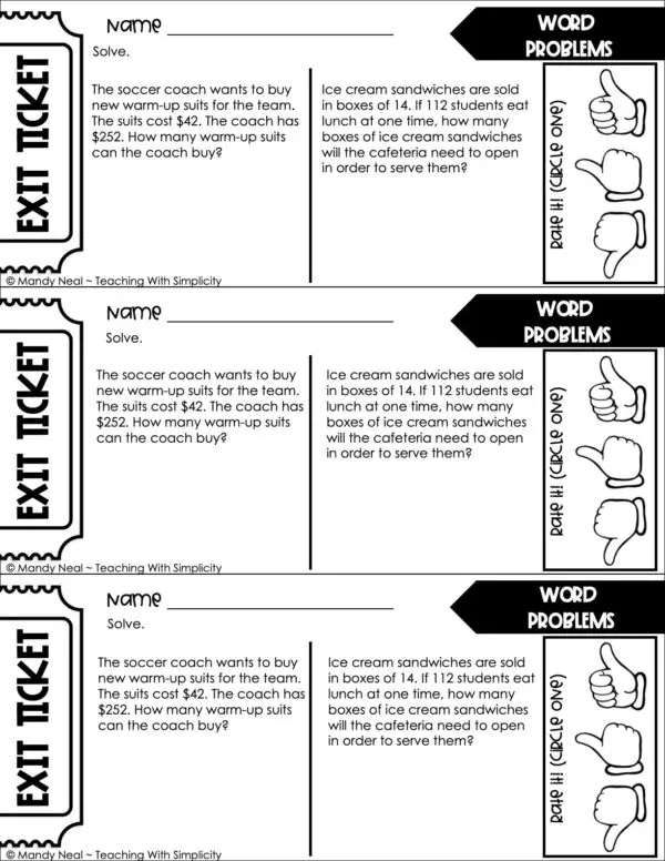 4th Grade Division – Word Problems Exit Ticket 1