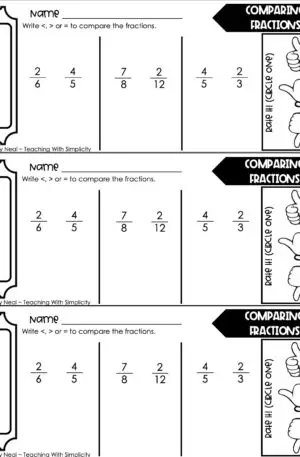 4th Grade Fractions – Comparing Fractions Exit Ticket 1