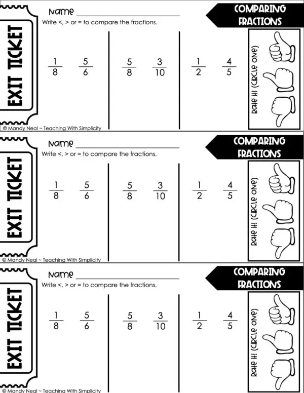 4th Grade Fractions – Comparing Fractions Exit Ticket 2