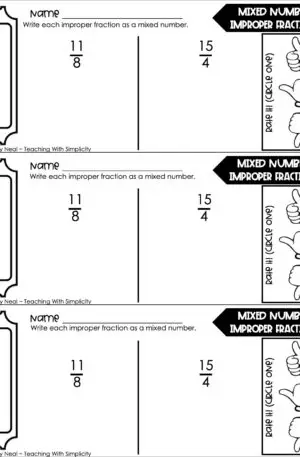 4th Grade Fractions – Mixed Numbers: Improper Fractions Exit Ticket 1