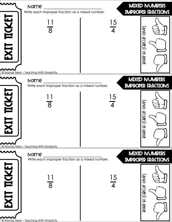 4th Grade Fractions – Mixed Numbers: Improper Fractions Exit Ticket 1