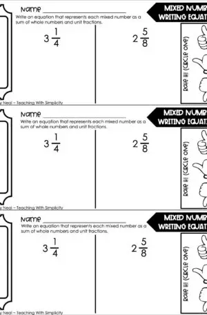 4th Grade Fractions – Mixed Numbers: Writing Equations Exit Ticket 1