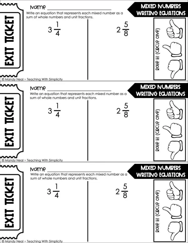 4th Grade Fractions – Mixed Numbers: Writing Equations Exit Ticket 1