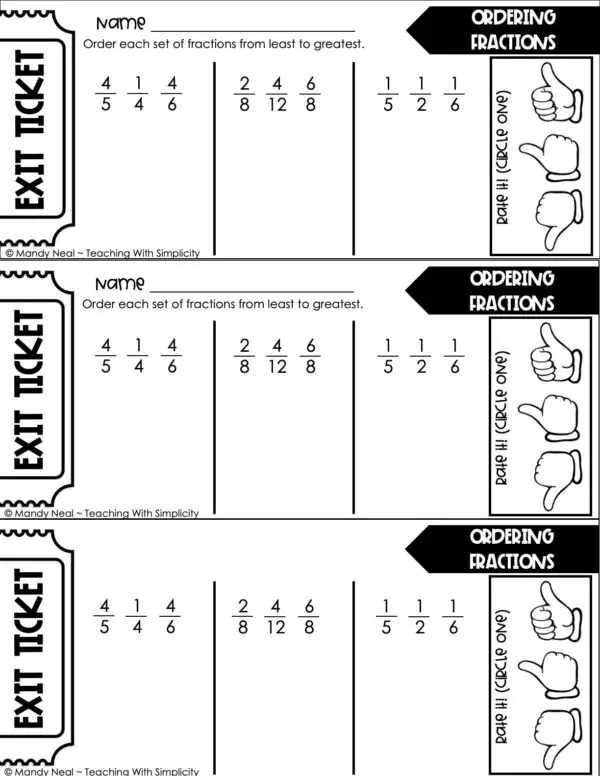 4th Grade Fractions – Ordering Fractions Exit Ticket 2