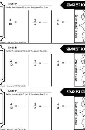 4th Grade Fractions – Simplest Form Exit Ticket 1