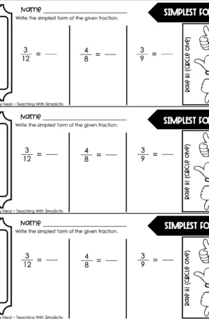 4th Grade Fractions – Simplest Form Exit Ticket 2