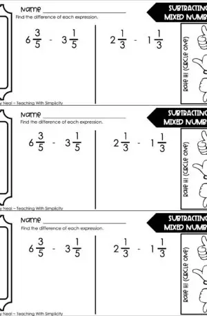 4th Grade Fractions – Subtracting Mixed Numbers Exit Ticket 1