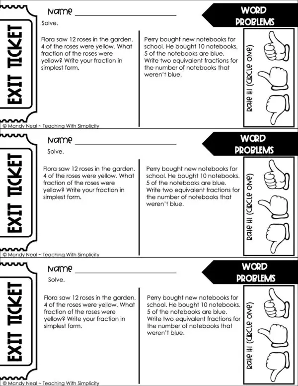 4th Grade Fractions – Word Problems Exit Ticket 2