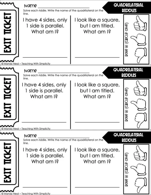 4th Grade Geometry – Quadrilateral Riddles Exit Ticket 1