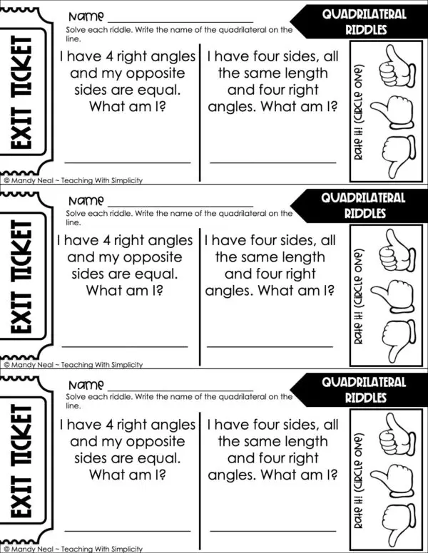 4th Grade Geometry – Quadrilateral Riddles Exit Ticket 2