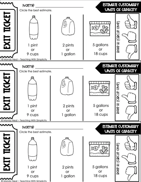 4th Grade Measurement – Estimate Customary Units of Capacity Exit Ticket 1