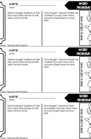 4th Grade Measurement – Word Problems Exit Ticket 1