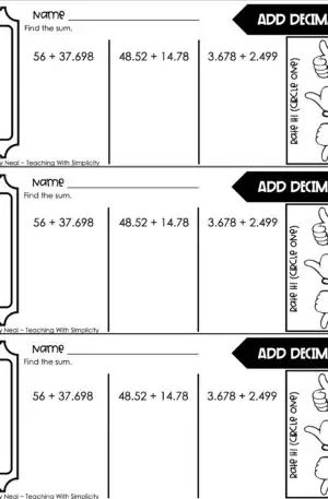 5th Grade Decimals – Add Decimals Exit Ticket 1