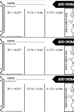 5th Grade Decimals – Add Decimals Exit Ticket 2