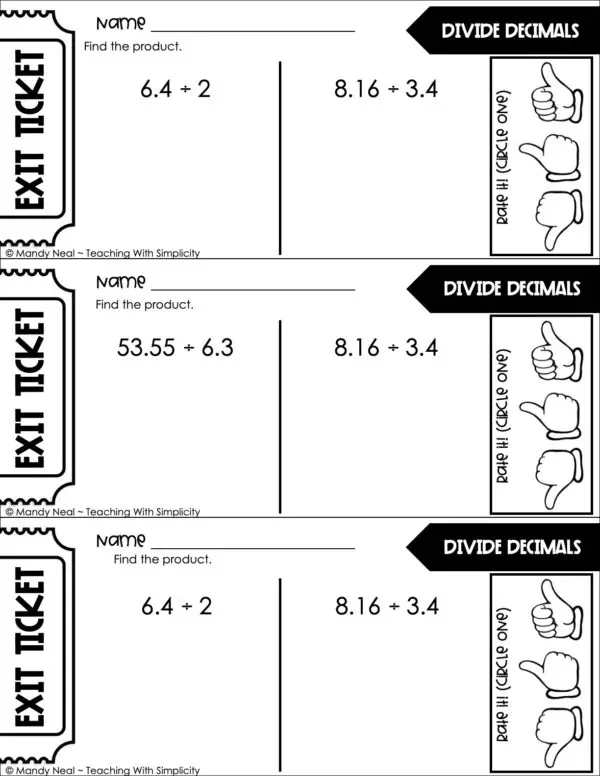 5th Grade Decimals – Divide Decimals Exit Ticket 1