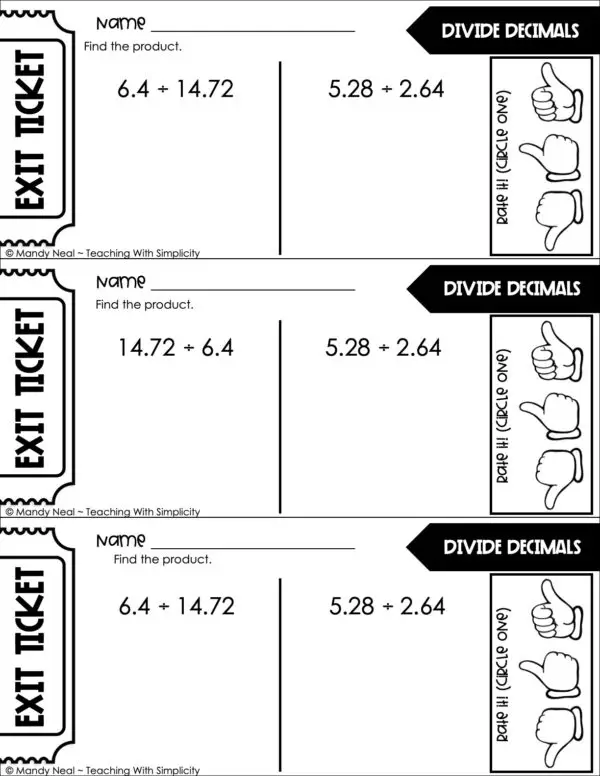 5th Grade Decimals – Divide Decimals Exit Ticket 2