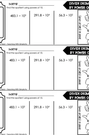 5th Grade Decimals – Divide Decimals by Powers of Ten Exit Ticket 1