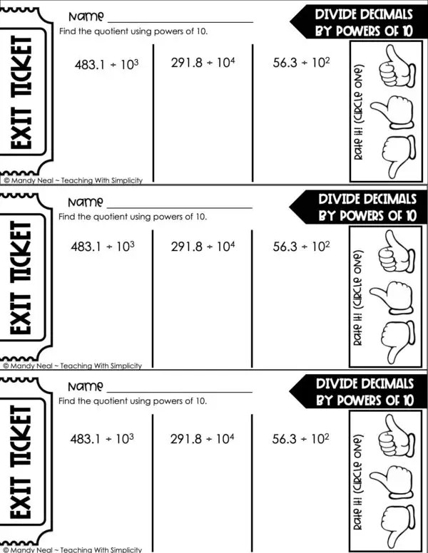 5th Grade Decimals – Divide Decimals by Powers of Ten Exit Ticket 1