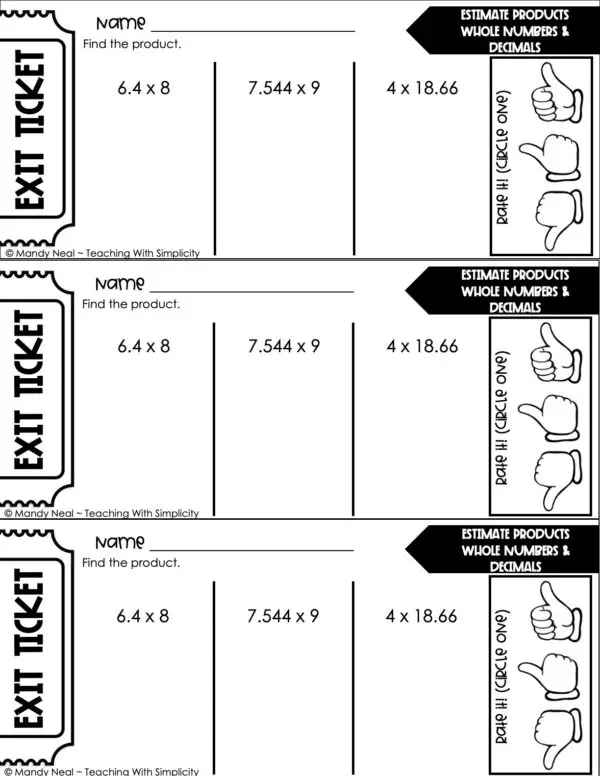 5th Grade Decimals – Estimate Products: Whole Numbers and Decimals Exit Ticket 1