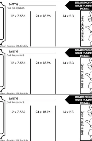 5th Grade Decimals – Estimate Products: Whole Numbers and Decimals Exit Ticket 2