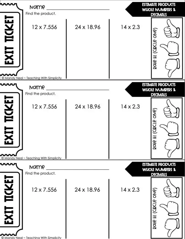 5th Grade Decimals – Estimate Products: Whole Numbers and Decimals Exit Ticket 2