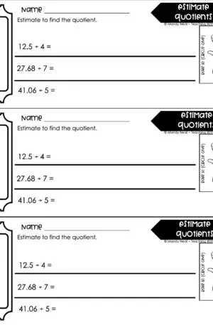 5th Grade Decimals – Estimate Quotients Exit Ticket 1