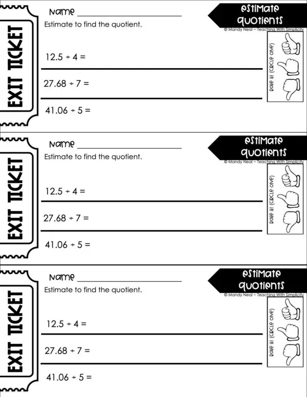 5th Grade Decimals – Estimate Quotients Exit Ticket 1