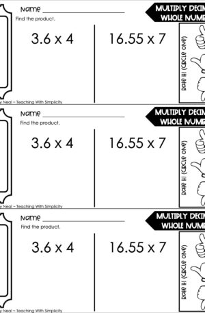 5th Grade Decimals – Multiply Whole Numbers and Decimals Exit Ticket 1