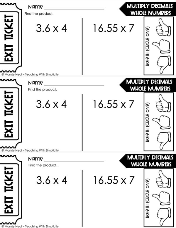 5th Grade Decimals – Multiply Whole Numbers and Decimals Exit Ticket 1