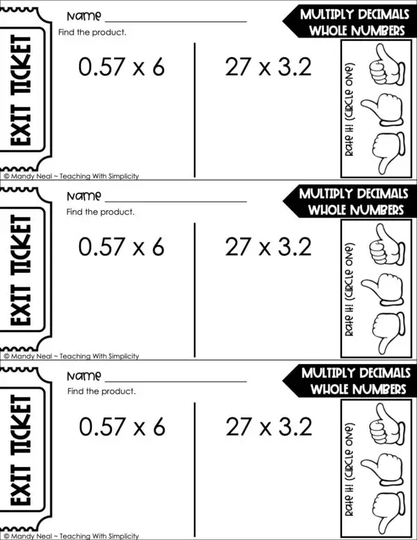 5th Grade Decimals – Multiply Whole Numbers and Decimals Exit Ticket 2