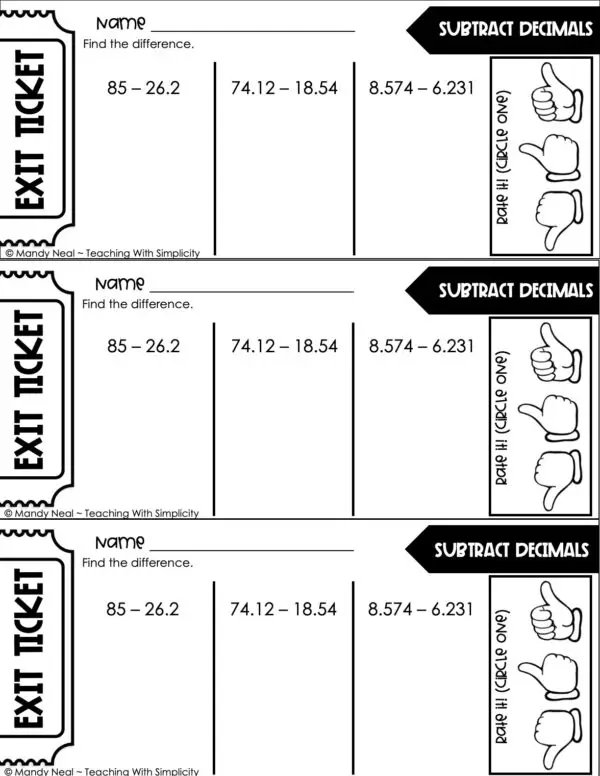 5th Grade Decimals – Subtract Decimals Exit Ticket 2