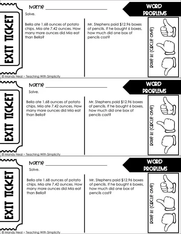 5th Grade Decimals – Word Problems Exit Ticket 1